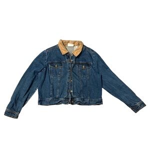 VTG Studio Ease Women Medium Wash Blue Denim Jacket w/ Suede Tan Collar Size 12